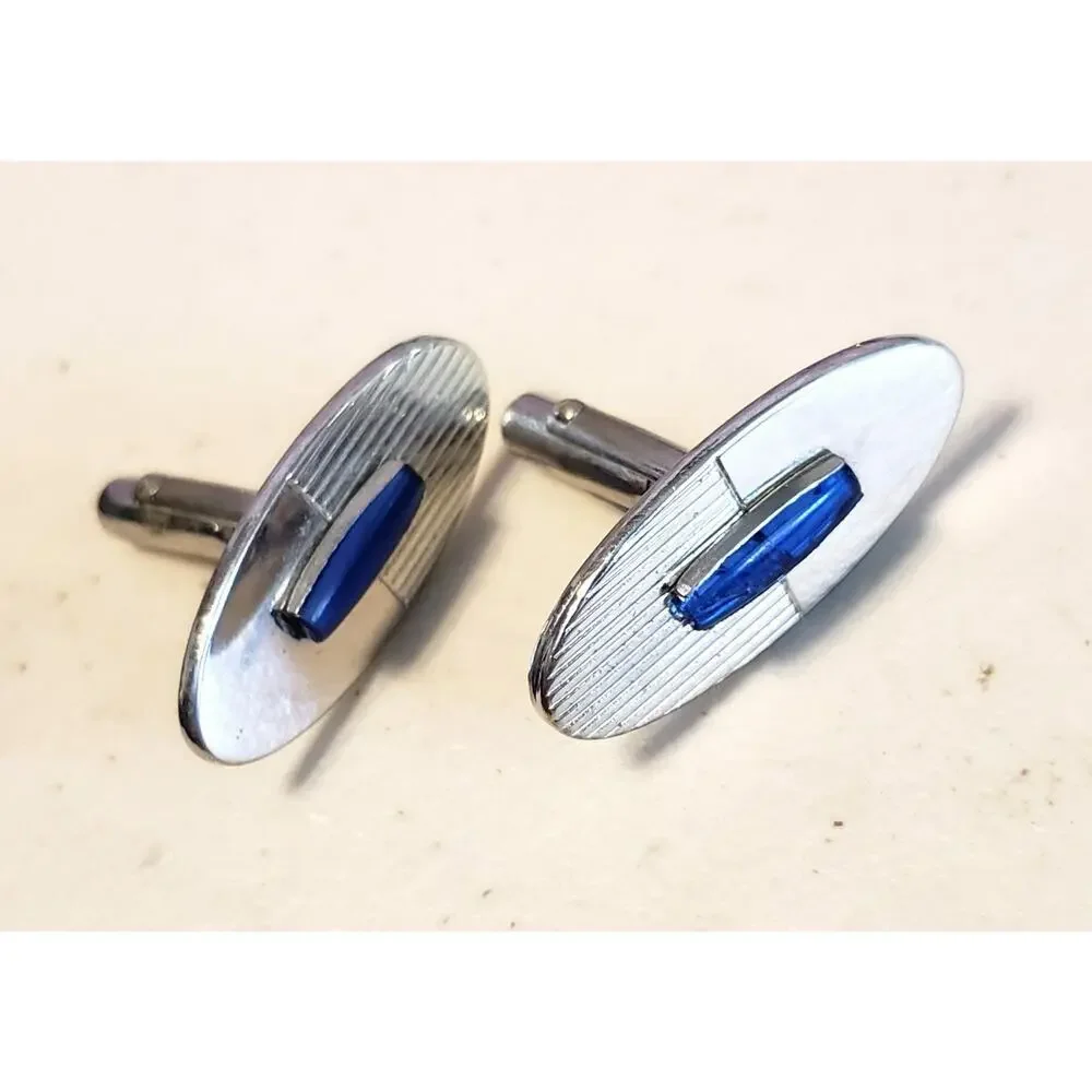 Anson Cuff Links Vintage Brushed Silver Tone Blue‎ Lucite 1970s Cufflinks cl-
